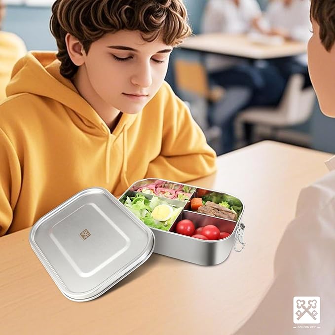 GOLDEN KEY Leak-Proof Lunch Box for Adults & Kids - 40oz Large Capacity Stainless Steel Bento, 1200ml Metal Container with Lockable Clips, BPA-Free, Dishwasher Safe for Work Travel School