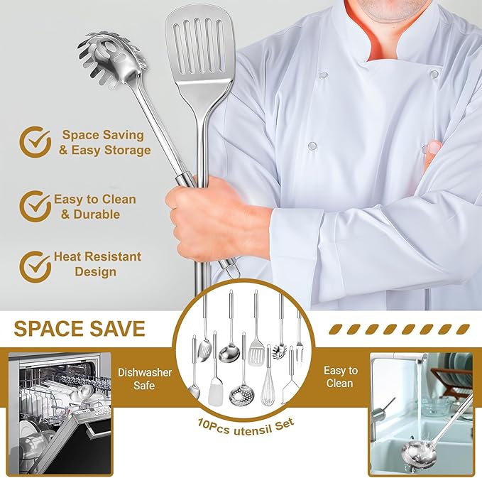 Stainless Steel Kitchen Utensils Set, 10 PCS Stainless Steel Utensils Set for Cooking, Heat Resistant Spatula Cooking Utensils Set with Turners, Serving Spoon, Ladle, Skimmer, Pasta Fork