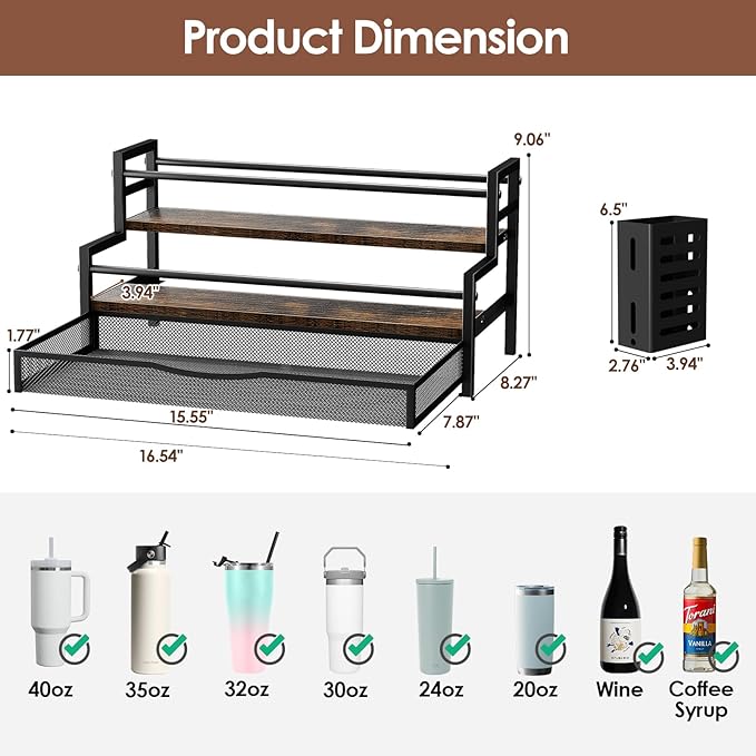 Water Bottle Organizer for Full Stanley 40 oz Tumbler with Handle, 2 Tier Tumbler Organizer for 8 Cups, Kitchen Pantry Organizers and Storage for Owala Stanley Cup Accessories, Brown