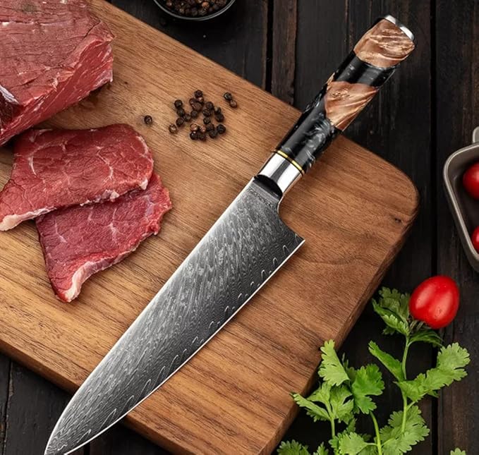 Epicurean Cook Tidal Collection 8 PCS Damascus Knife Set Japanese Kitchen Knives with VG10 Steel Core Ultra-Sharp Professional Chef Knife Set with Elegant Box and Black Resin and Burl Wood Handles