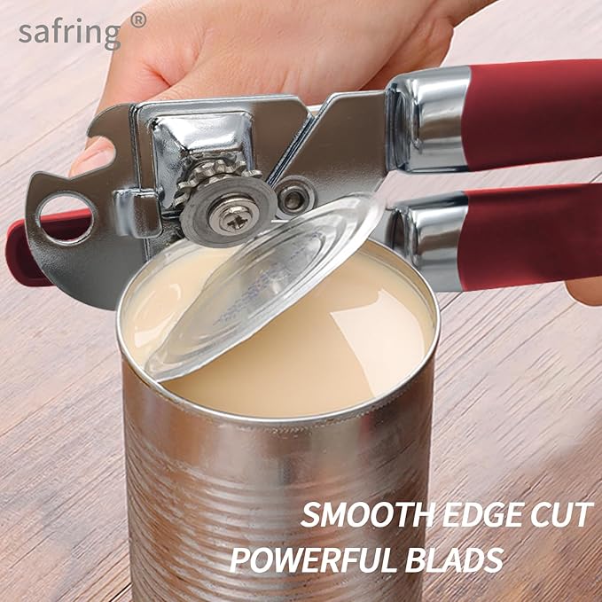 Can Opener Manual, Handheld Strong Heavy Duty Stainless Steel Can Opener, Comfortable Handle, Sharp Blade Smooth Edge, Can Openers with Multifunctional Bottle Opener, Red