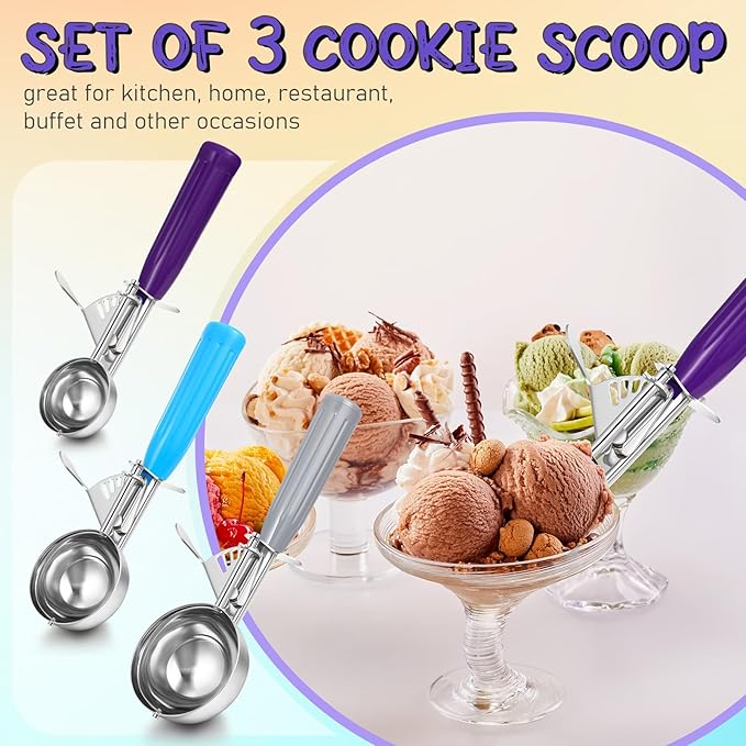 Reallnaive 3 Pcs Release Cookie Scoops Ice Cream Scooper with Trigger Release Portion Scoop Stainless Steel for Portion Control, Baking Food, Cookie Dough (4 Oz+2 Oz+1 oz,Gray,Blue,Purple)