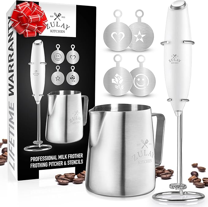 Zulay Premium Gift Milk Frother Set – Handheld Coffee Frother with Stand, 12oz/350ml Frothing Pitcher + 4 Latte Art Stencils – 13,000 RPM Motor, SS Whisk, Battery Operated – Barista Kit (White)