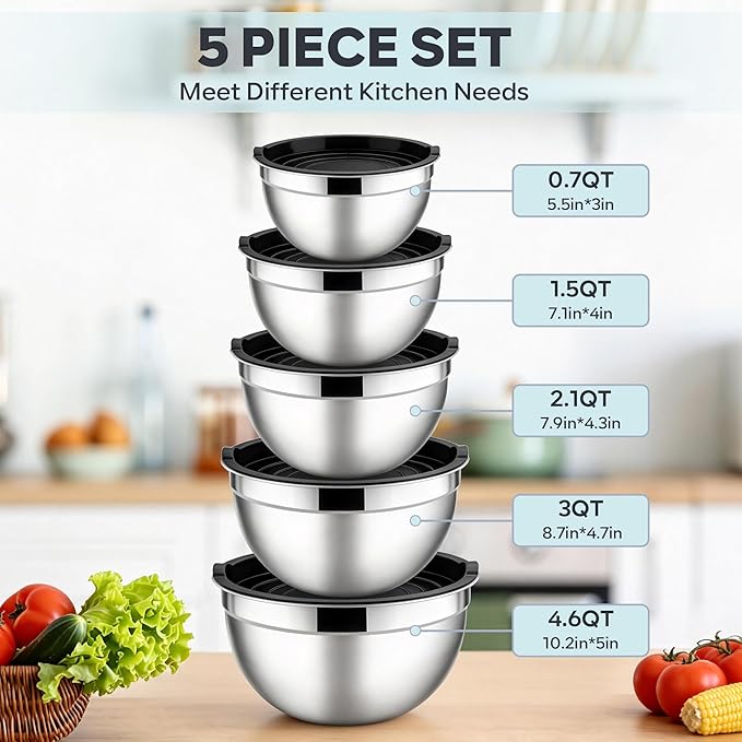 E-far Mixing Bowls With Lids Sets of 5, 10-Piece Stainless Steel Salad Metal Nesting Bowl for Baking Cooking and Prepping, Airtight Lid & Stackable Design, Size 4.6, 3, 2.1, 1.5, 0.7 QT, Black