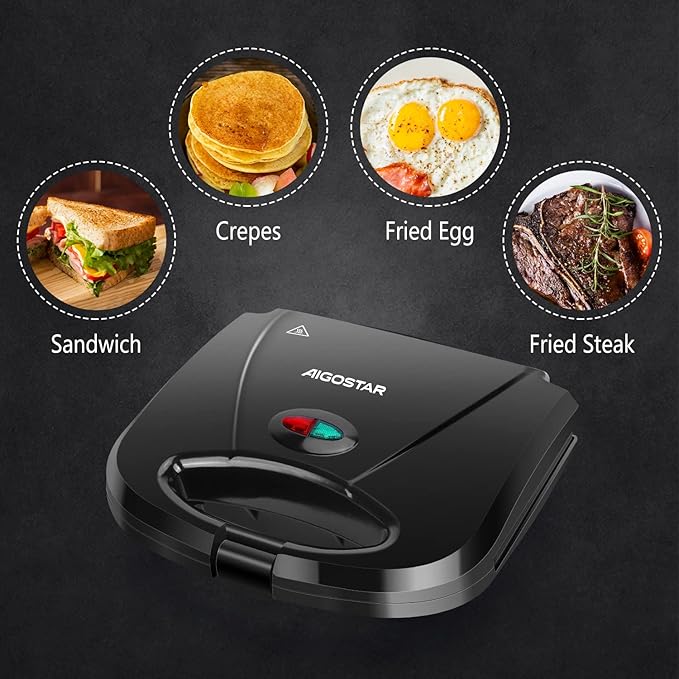 Aigostar Sandwich Maker, Electric Panini Press Grill with Nonstick Plates, Double-Sided Heating Deep Grid Sandwich Press, Indicator Lights Compact Electric Grill for Sandwich Egg Ham Steaks