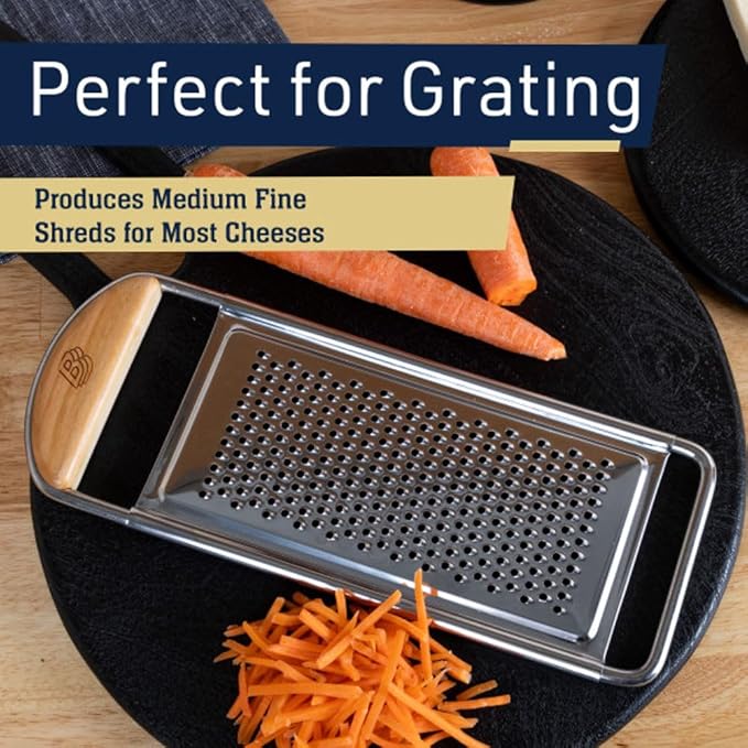 Cheese Grater Handheld - Stainless Steel Flat Food Grater with Cherrywood Handle - Fine Shredder Kitchen for Hard Cheese, Spices, and Zesting - Italian Made Kitchen Gadgets by Kings County Tools