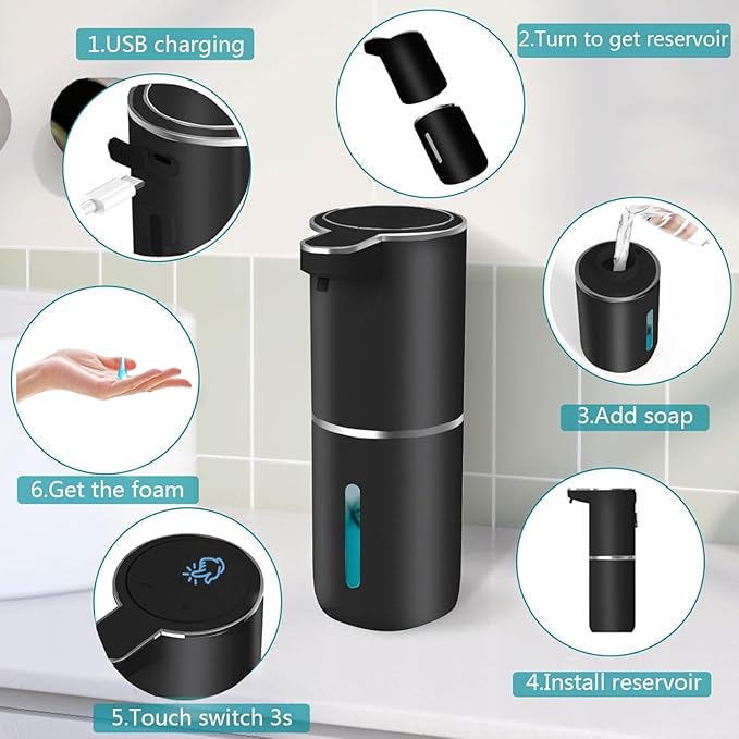 Automatic Liquid Soap Dispenser,Touchless Hand Soap Dispenser USB Rechargeabled Dispenser Electric,Wall Mounted 4 Levels Adjustable Dispenser Pump for Bathroom Kitchen Dish Soap Black