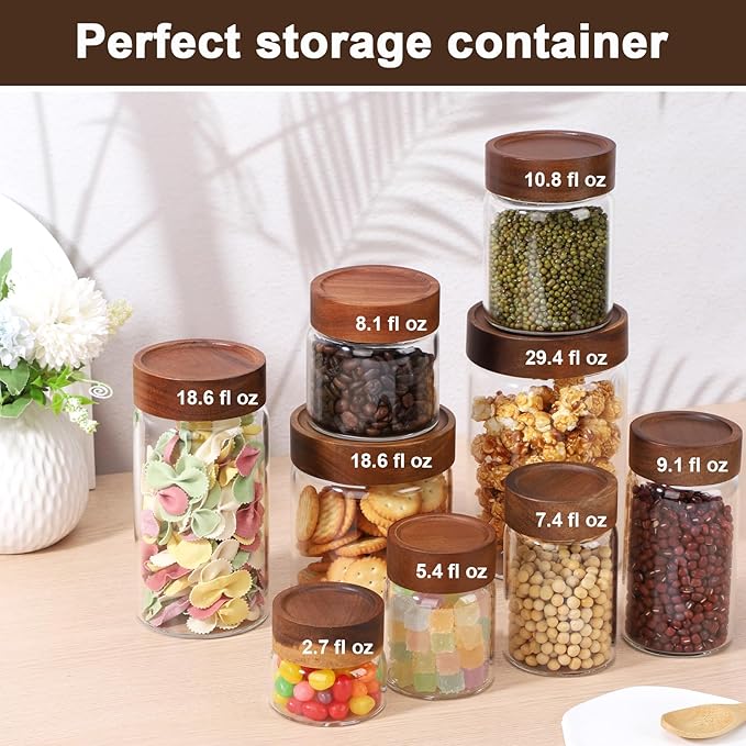 Glass Jars with Airtight Lid, 4 Pack 19oz Glass Jars with Wood Lids, Screw Top Kitchen Panrty Storage Canister for Sugar, Coffee, Tea, Oat, Cereal, Candy, Cookie - 3.1 x 5.9 inch Spice Bottle
