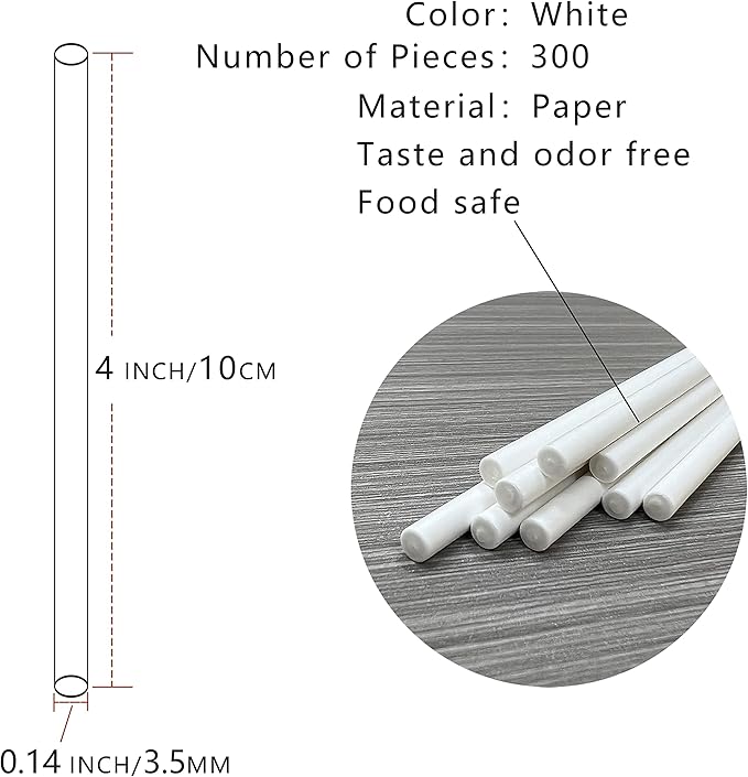 300 Count 4 INCH White Paper Lollipop Sticks,Cake Pop Sticks,Sucker Sticks for Cookies,Rainbow Candy,Chocolate,Cake Topper(Dia 3.5mm)