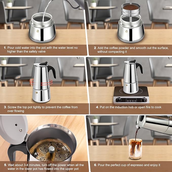 2 Cup Stovetop Espresso Maker Stainless Steel Moka Pot Stove Top Percolator Italian Coffee Makers Capable Mocha Greca Machine Cafe Classic Induction Cookers for Home and Camping 100ml 3.3oz