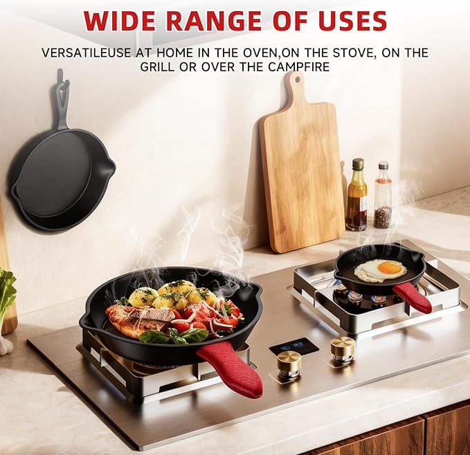 6/8/10 Inch Seasoned Skillet 3-Piece Set, for Frying, Saute, &More, for Oven, Stove, Grill, or Campfire, Black, with Silicone Handle Grip Covers