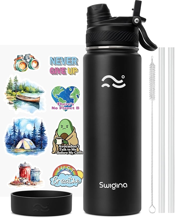 Swigina [2-IN-1 LID] Insulated Water Bottle with Silicone Boot (36hrs Cold/18hrs Hot) - DIY Stickers, Leakproof, BPA Free, Black, 24 oz