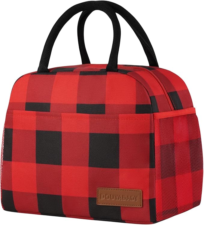 douyadady Lunch Bag Women/Men Lunch Box Women/Men (Red+Black Blocks)