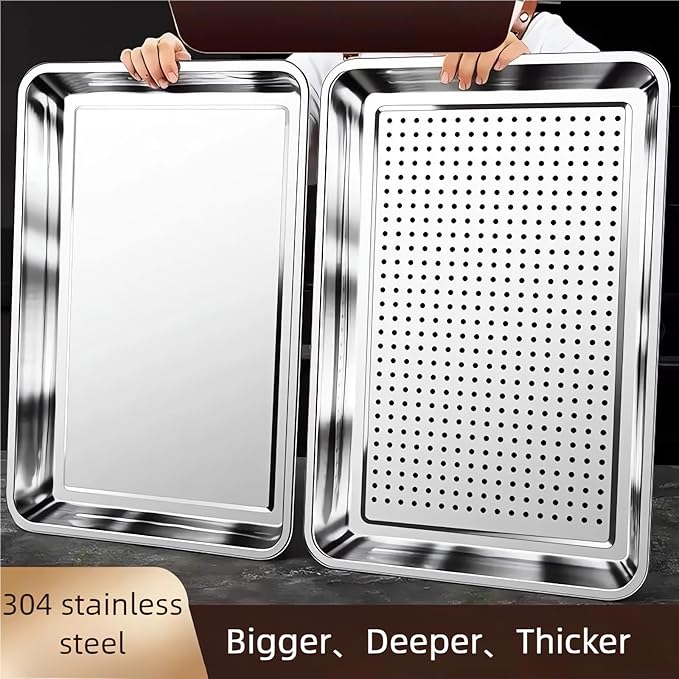 2-Pack 23.5"x15.5" Extra Large Heavy Duty Commercial Grade 304 Stainless Steel Baking Pan Set, Non-Toxic Deep Sheet Pan, 1 Solid & 1 Perforated Pans for Roasting, Defrosting, Draining, Cooling
