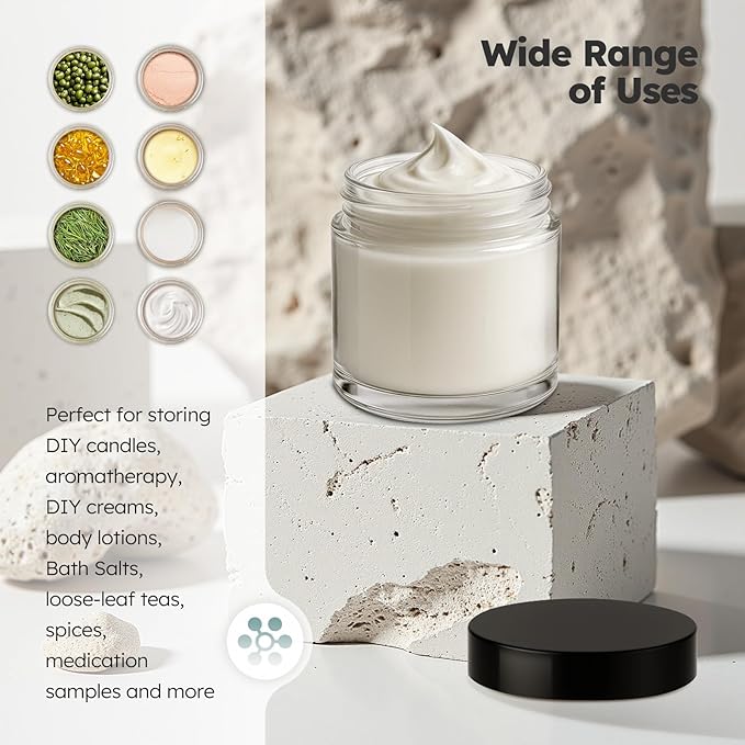 4 oz Glass Jars with Lids, 24 Pack Clear Small Glass Jars with Black Lids Leakproof Round Airtight Empty Cosmetic Travel Containers with Inner Liners For Lotions Powders and Candle Making