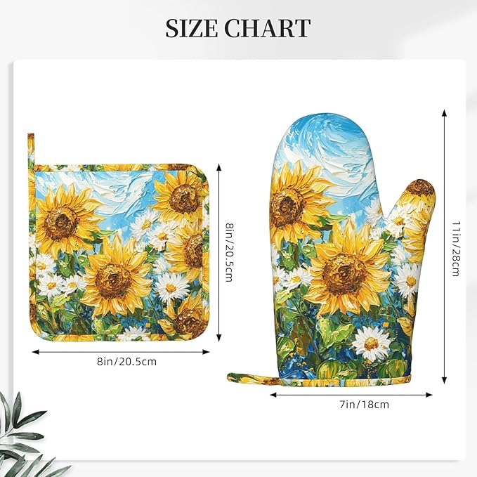 Oven Mitts and Pot Holders Sunflower Daisy Flower Art Silicone Kitchen Accessories Set of 4 Heat Resistant Long Gloves Potholder Non-Slip Grip for Chef Cooking Baking Grilling BBQ