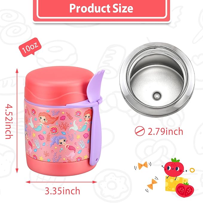10oz Soup Thermo for Hot Food Kids,Lunch Thermo Kids Food Jar with Spoon Hot Insulated Food Containers,Leak Proof Stainless Steel Wide Mouth Lunch Thermo Jar for School(Pink-Mermaid)