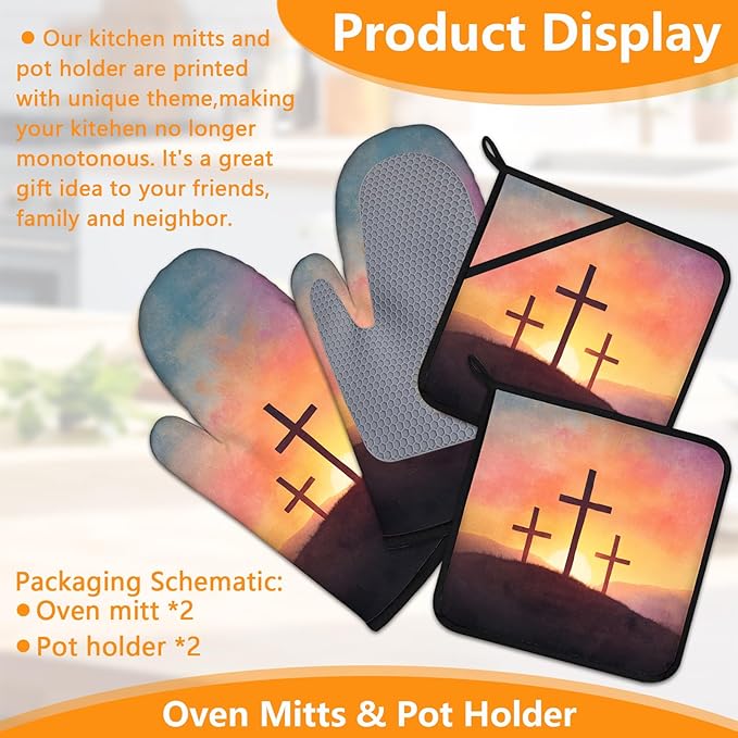 Christian Blessed Cross Sunset Oven Mitts and Pot Holders Sets 4Pcs Silicone Non-Slip Mitts Heat Resistant Gloves Hot Pads for Kitchen Cooking Baking Grilling BBQ