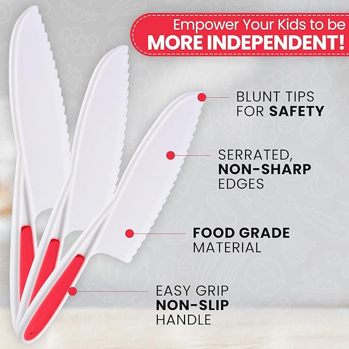 Zulay Kitchen 3-Piece Kids Knife Set for Real Cooking & Baking - Toddler Knives for Cutting Fruits, Veggies, & Cake - Children’s Montessori Knive with Serrated Edges - Safe & Fun Lettuce Knife (Red)