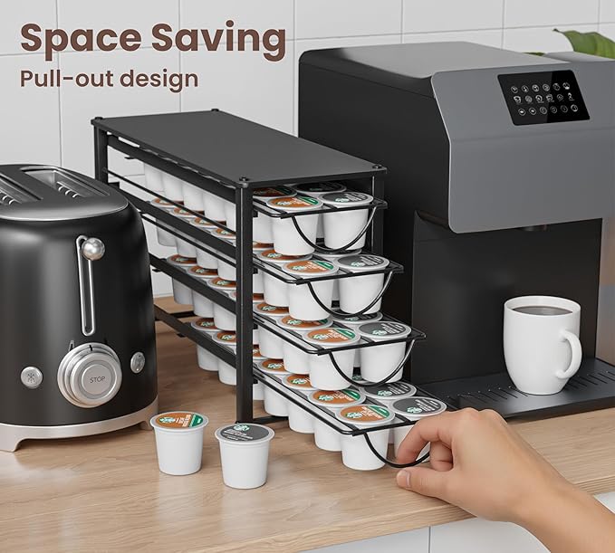 HFHOME Coffee Pod Organizer for Countertop, 4-Tier Metal Storage Drawer, Holds 56 Capsules, Coffee Station Holder for Kitchen, Office, or Home, 3 cup rack, Black