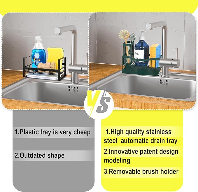 Maifan Sink Caddy Sponge Holder for Kitchen with Brush Holder and Stainless Steel Self Drain Tray, Rustproof Kitchen Sink Organizer for Sponge, Soap Dispenser Storage Accessories Dark Green