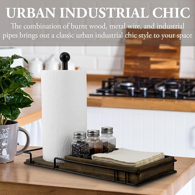 MyGift Paper Towel Holder with Napkin Holder and 3 Spice Shakers, Rustic Burnt Solid Wood and Industrial Matte Black Metal Paper Towel Roll Dispenser, Farmhouse Kitchen Stoage
