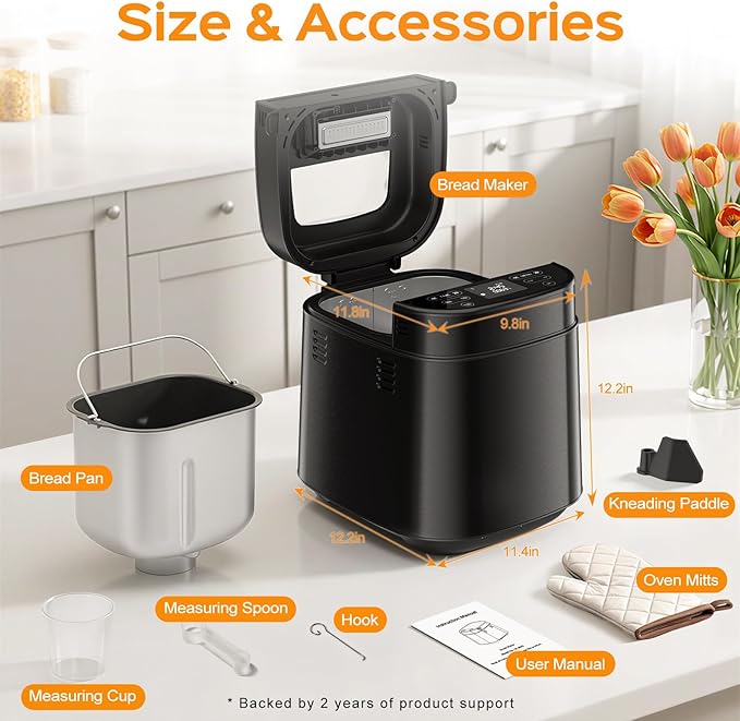 2.5LB Bread Maker with Built-in Electronic Scale, 25-in-1 Bread Machine, Beginner-Friendly with Adjustable Baking & Fermentation, Non-Stick Easy-Clean Pan, Quiet, 15H Delay, Recipes, Jet Black