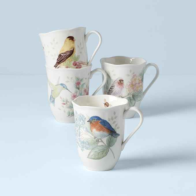 Lenox Coffee Mug Set, Butterfly Meadow Flutter 4-Piece Mugs, Service For 4, 12 Ounce Mug, Chip Resistant White Porcelain, Microwave And Dishwasher Safe, Ceramic Mugs, Coffee Cups (Assorted, 4 Piece)