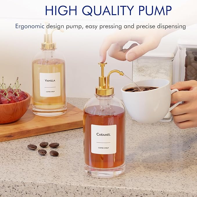 16.9 oz/500 ml Coffee Syrup Dispenser Set - 6 Glass Bottles with Gold Pumper and Syrup Labels - Precise Dispensing and Stylish Addition to Coffee Shop, Cafe or Home Bar