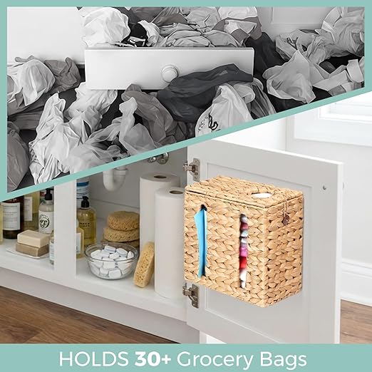 Trash Bag Dispenser with Built-in Dispenser Hinged Lid 13 up to 30 Gallon Garbage Bag Roll Holder Wall Mount Water Hyacinth for Grocery and Plastic Bags Kitchen Under Sink Cabinet (Natural 2)