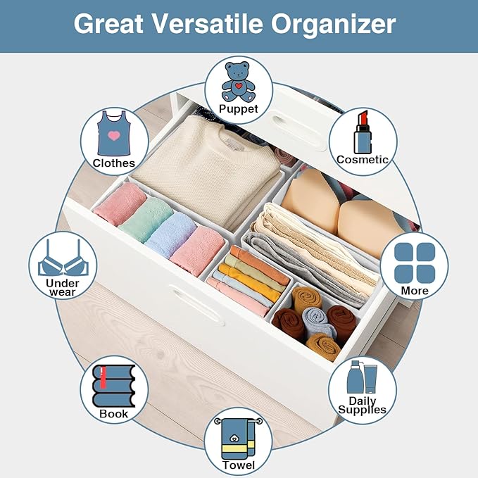 Criusia Drawer Organizer Clothes, 8 Pack Underwear Drawer Organizer, Foldable Closet Organizers and Storage Dresser Drawer Dividers for Clothes, Socks, Scarves, Ties (White)