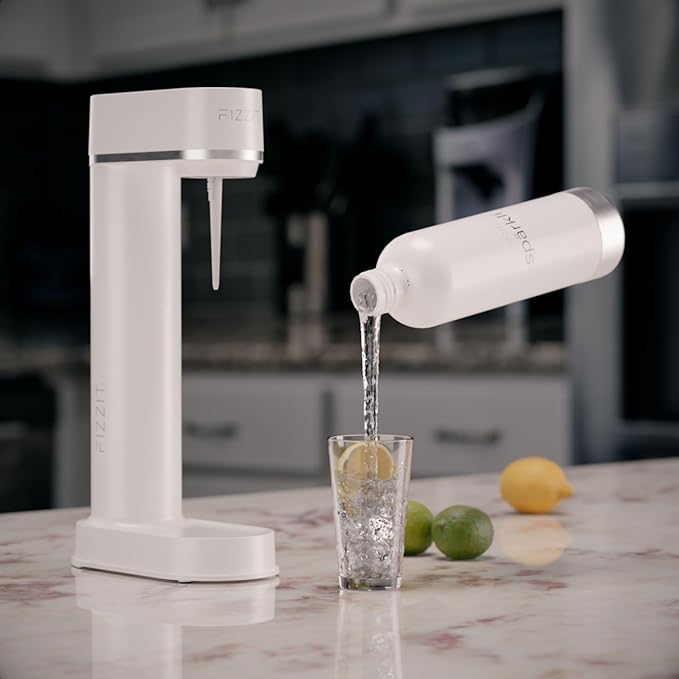 Stainless Steel White Sparkling Water and Soda Maker Machine with 3 White Stainless Steel 1L Re-Usable Bottle