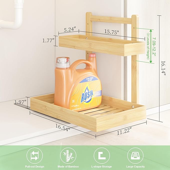 Under Sink Organizer - 1-Tier Pull Out Cabinet Organizer Vertical Slide Out Sink Shelf Storage Shelves for Multi-Purpose Bath Kitchen Bathroom Medicine (Nature, 1 Pack)
