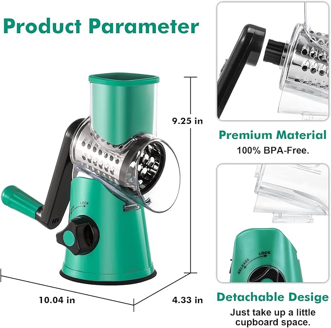 Cheese Grater Rotary, Rotary Grater for Kitchen, Kitchen Grater Vegetable Slicer with 3 Drum Blades, Fast Cutting Cheese Shredder for Vegetables and Nuts