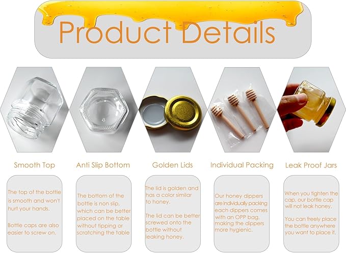 Adabocute Mini Honey Jars - Hexagon Little Glass Honey Jar with Gold Lids, Wooden Dippers, Bee Charms and Jutes - Small Honey Jars for Baby Showers, 20Pack