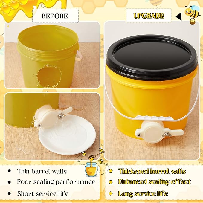 Threehoney 3 Pcs 2 Gallon Honey Bucket with Gate Honey Extractor Equipment Food Grade Bucket Food Safe Buckets with Lid for Beekeeping Supplies Extracting Storage(Yellow,Round Style)