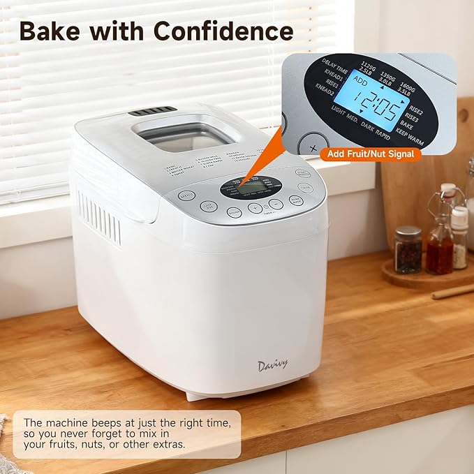 Davivy Bread Maker Machine with 2 Dough Kneading Paddles,15-in-1 Automatic Large Capacity Bread Machine Nonstick Bowl For Bread, Jam& Yogurt, 3 Loaf Sizes and 3 Crust Settings