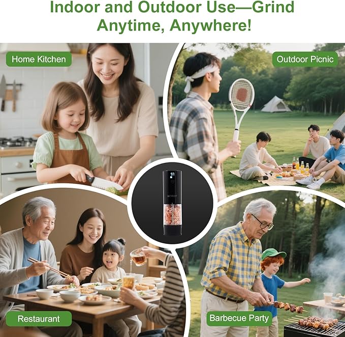 2Pack Electric Salt and Pepper Grinder Set with Power Display, USB Rechargeable Automatic Salt & Pepper Mills, Adjustable Coarseness, 120ml Larger Capacity with LED Light (Black Set)