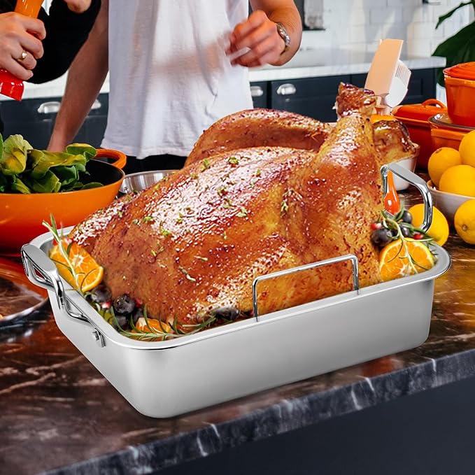 QPMR Roasting Pan with Cooling Rack - Stainless Steel Large Turkey Roaster Pan for Turkey, Chicken, Ham Roaster with V-Shaped Baking Rack Heavy Duty Dishwasher Safe
