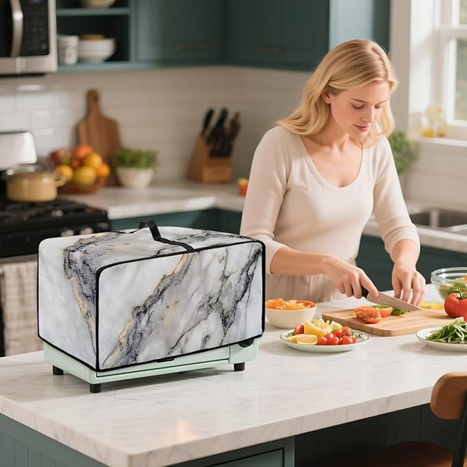 Toaster Oven Dust Cover Washable Fabric Convection Oven Cover Protector Compatible with Various Small Kitchen Appliances, M, Gray White Marble