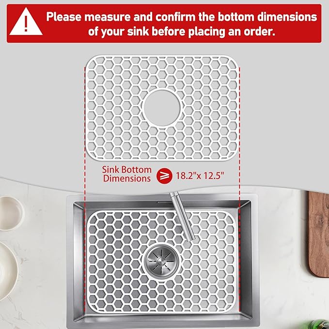 Bestjing Silicone Sink Protectors for Kitchen Sink with Center Drain - 18.2"x12.5" Kitchen Protector Accessory, Non-Slip Heat Resistant Mat for Bottom of Porcelain Stainless Steel (White)