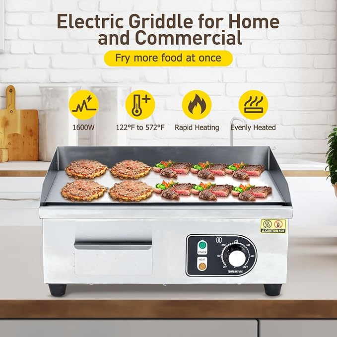 18" 1500W Commercial-Grade Stainless Steel Electric Griddle – Adjustable Temp 122-572°F, Half Flat Top Grill with 2 Shovels & Brushes, Plug Included for Indoor/Outdoor Cooking
