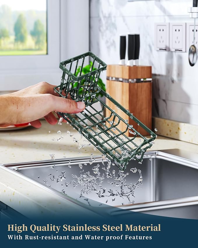 Consumest Sponge Holder for Kitchen Sink - Kitchen Sink Caddy Organizer with Removable Drip Tray for Countertop Dish Soap Dispenser Brush Storage Accessories 304 Stainless Steel, Green