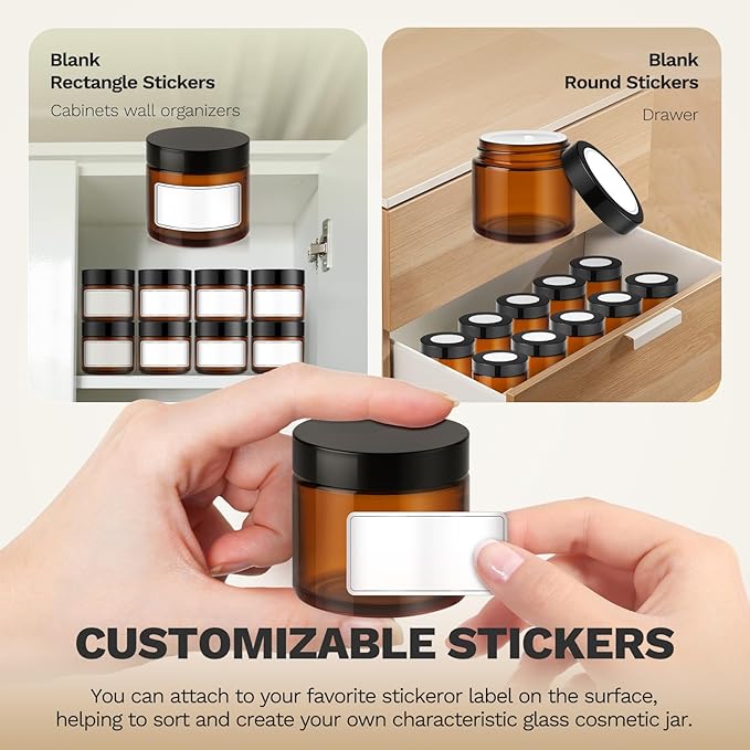 Bumobum 70 Pack 2 oz Small Glass Jars with Lids, Amber Glass Cosmetic Jars with Inner Liners, 60ml Round Empty Sample Containers for Lotion, Cream, Salve, Powders and Ointments Storage