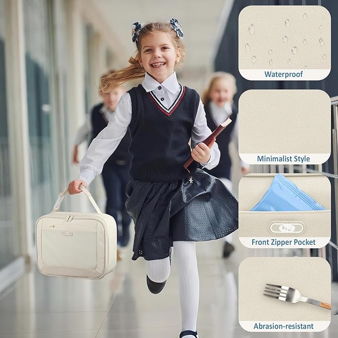 Lunch Box Kids Insulated Lunch Bag for Boys Girls Cute Reusable Lunch Tote Bag Waterproof Portable Thermal Lunch Box Kids for School Picnic Travel Beige