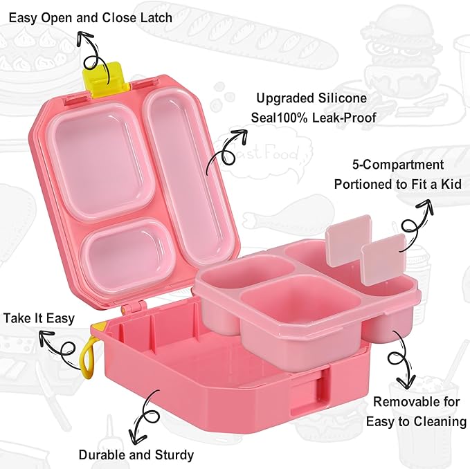 Itslife Bento Lunch Box Set for Kids with 12oz Soup Thermo&Lunch Bag, Leak-Proof Lunch Food Containers for Kids School, 5 Compartment, Sauce Cup, 10 Notes (Unicorn Pink)