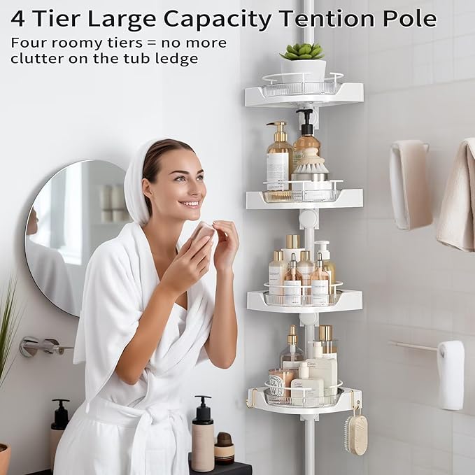 shuang qing 360° Rotating Corner Shower Caddy Tension Pole Organizer - 4-Tier Adjustable Rustproof Metal Pole, Plastic Shelves with Safety Guardrail, Bathroom Storage for Shower & Bathtub(White)