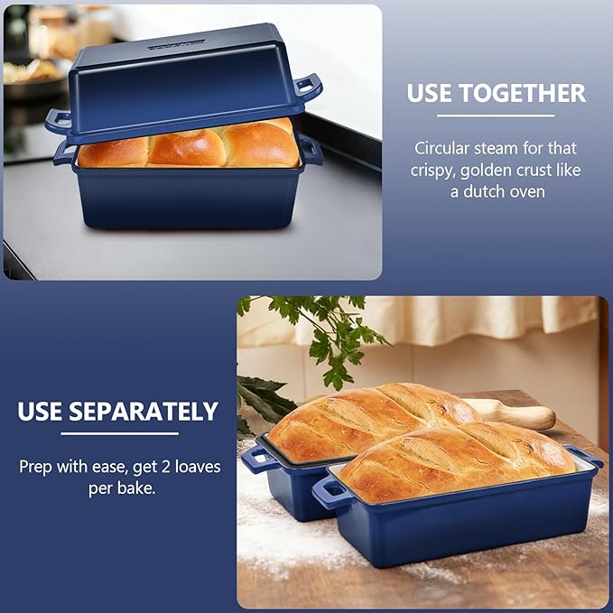Wildone 2 in 1 Enameled Cast Iron Bread Pan with Lid, 9x5 Loaf Pans for Homemade Sourdough Bread, Cake, Meatloaf, Even Heating Bread Dutch Oven, Navy Blue