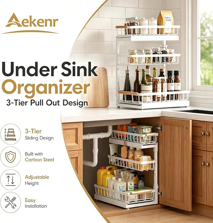 Under Sink Organizer and Storage for Bathroom and Kitchen - 2 Pack 3 Tier Under Cabinet Pull Out Shelf Organizers - Slide Out Drawer Organization for Home Cabinets Shelves and Drawers