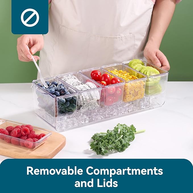 2 Pack Chilled Condiment Tray Server with 5 Containers and Removable Compartments, Large Ice Condiment Organizer, Clear Garnish Serving Platter for Kitchen, Fruit, Salad, Food, Bar Accessories